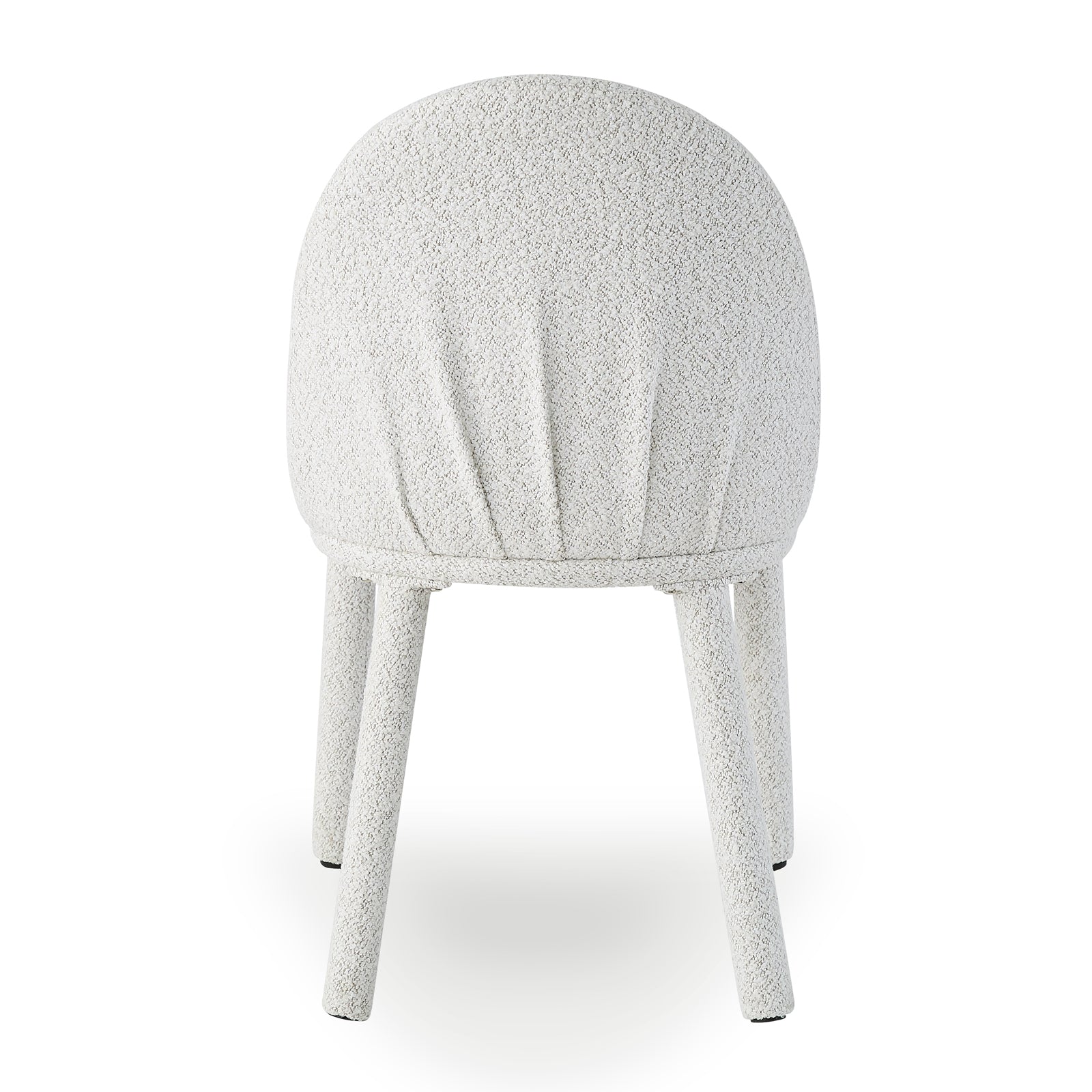 Joren Boucle Arched Dining Chair Set of 2 in Cream, featuring shell-shaped backrests and textured boucle upholstery. Shot against a plain background, showcasing its stylish curves and compact, supportive design.