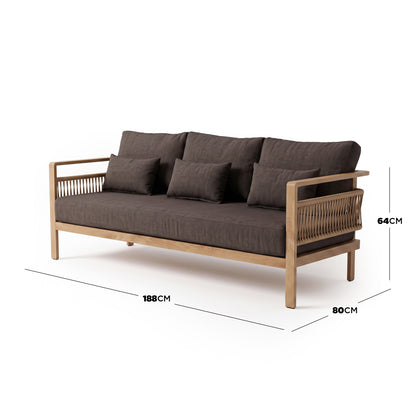 Three-seater sofa on white background with 188cm by 80cm by 64cm dimensions shown