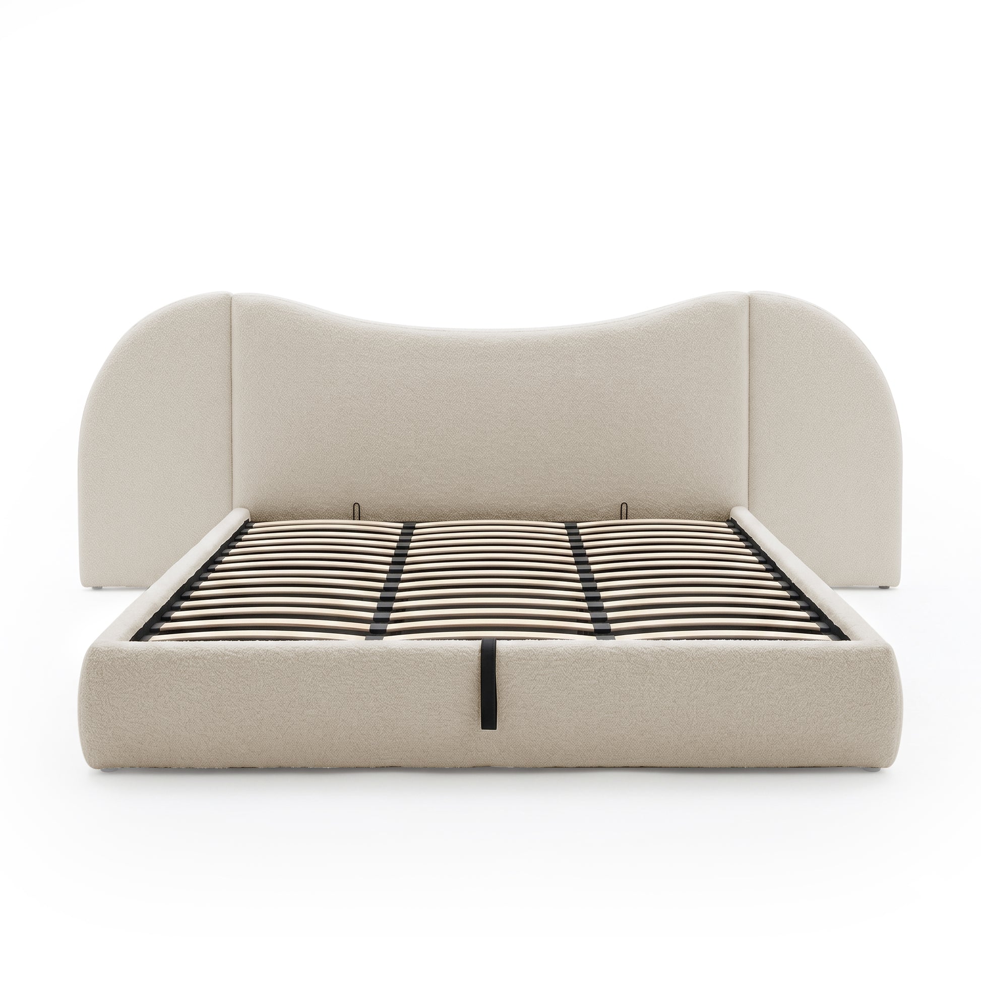 Upholstered bed frame with curved headboard on white background