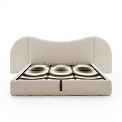 Upholstered bed frame with curved headboard on white background