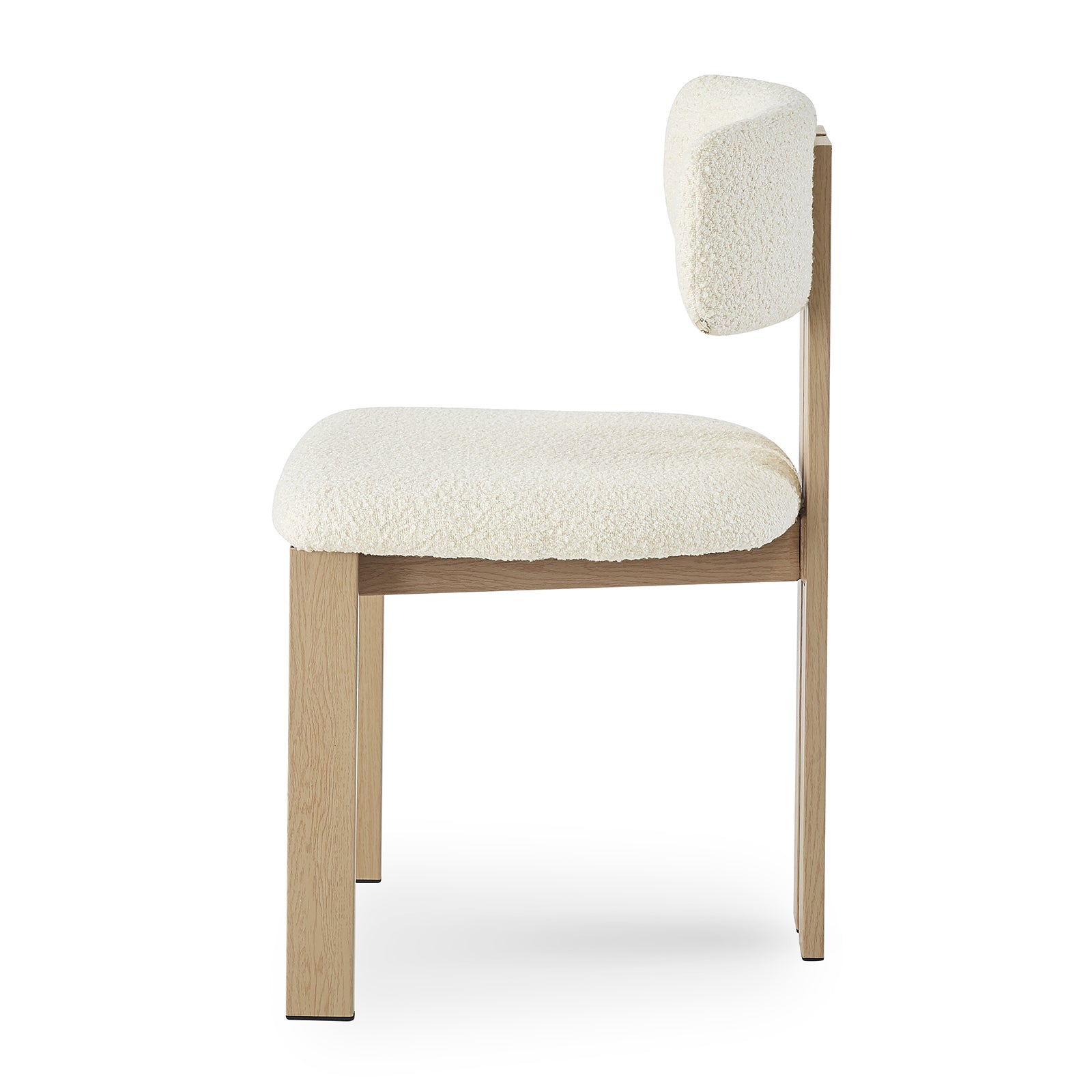 Haleo Curved Boucle Dining Chair Set of 2 features a light-finished wooden frame with straight legs, upholstered in creamy boucle fabric, showcasing a thickly padded seat and arched backrest for comfort.