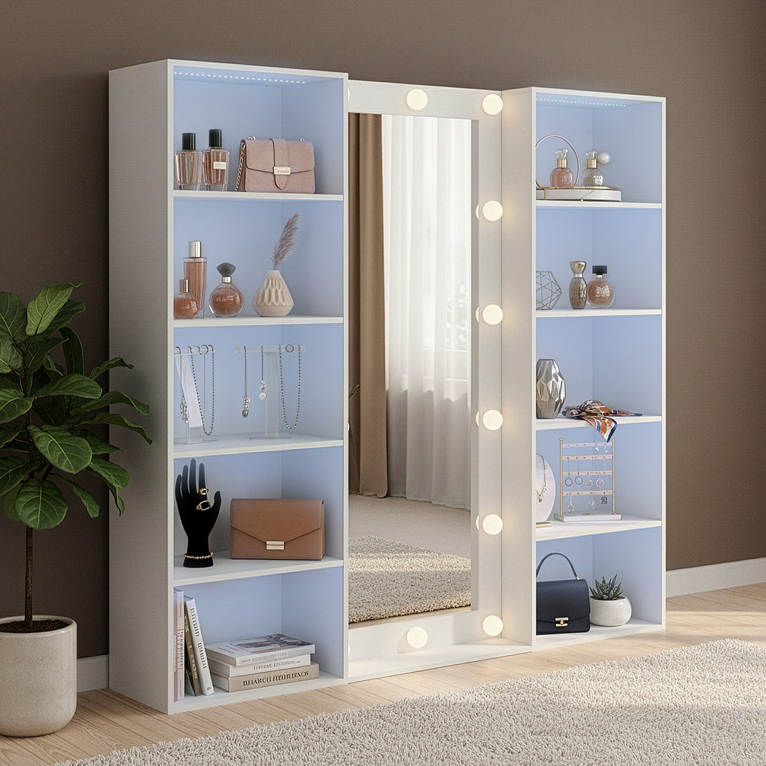 Vanity storage unit styled in a cozy living room with décor