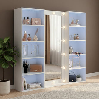 Vanity storage unit styled in a cozy living room with décor