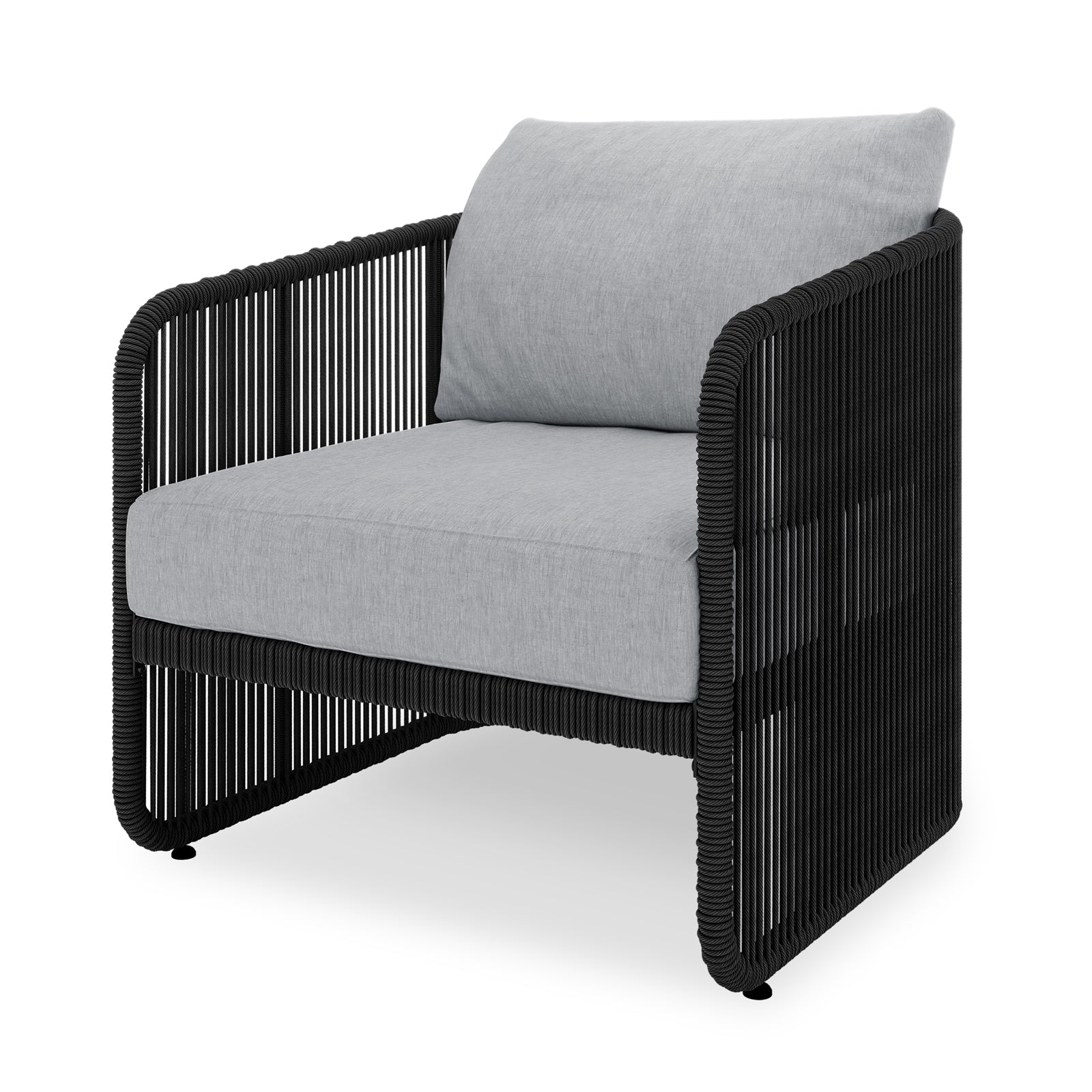 Solari 4 Seater Wicker Outdoor Sofa Set in Black features a modern lounge chair with a black rope-wrapped metal frame and plush light-gray cushions, combining style and durability for outdoor comfort.