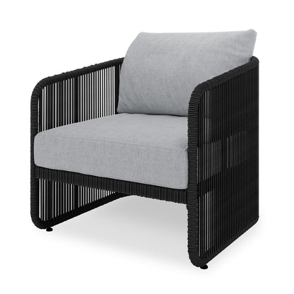 Solari 4 Seater Wicker Outdoor Sofa Set in Black features a modern lounge chair with a black rope-wrapped metal frame and plush light-gray cushions, combining style and durability for outdoor comfort.
