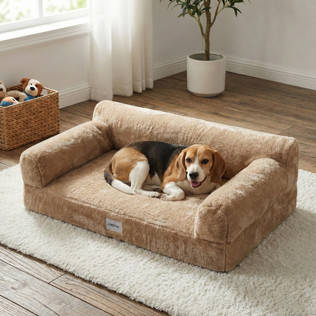 Beagle resting on plush pet sofa bed in a living room with hardwood floors and decor