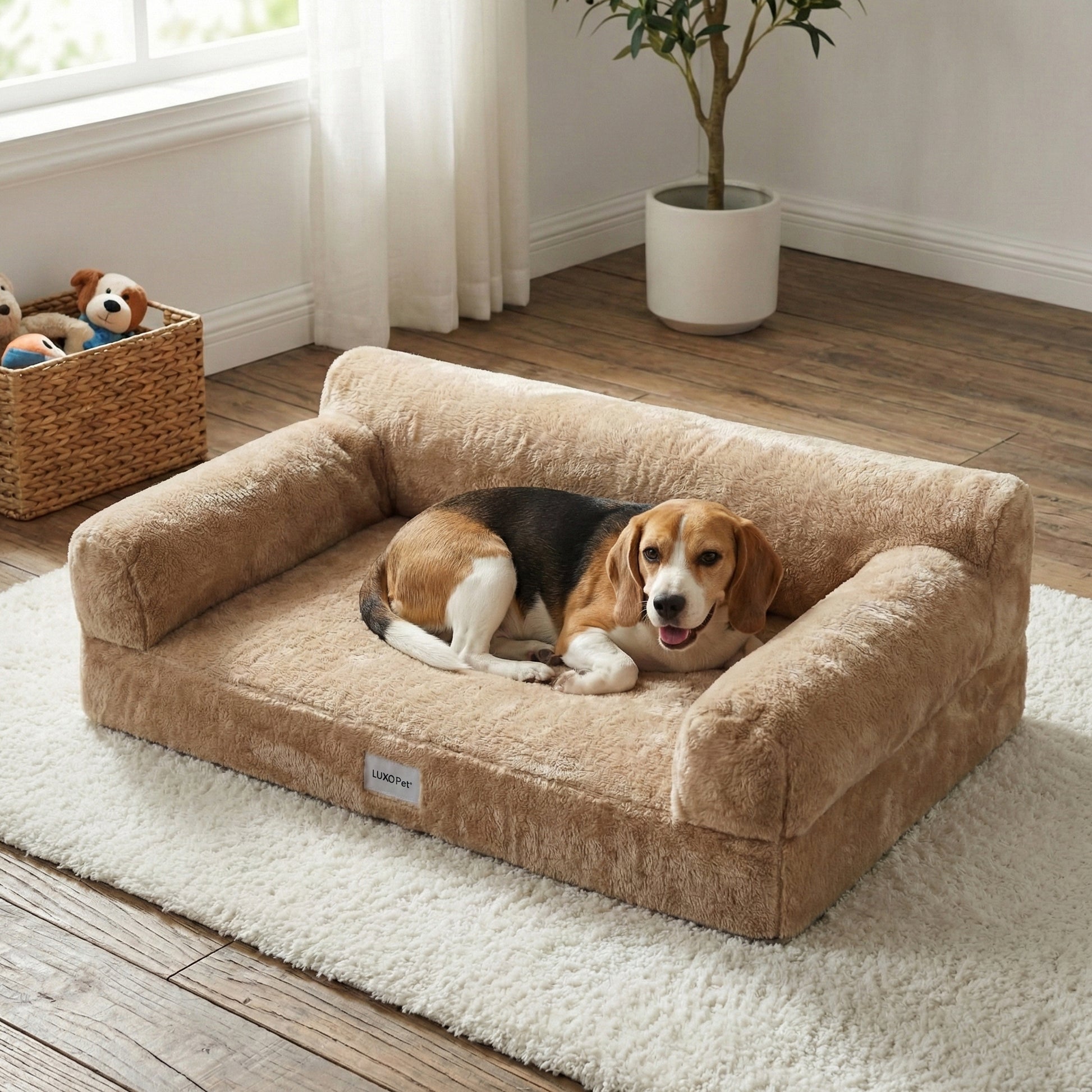 Beagle resting on plush pet sofa bed in a living room with hardwood floors and decor