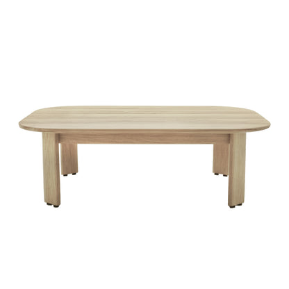 Elani 5 Seater Acacia Hardwood Outdoor Sofa Set in Cream features a low, rectangular coffee table with light-colored wood, rounded corners, and four straight legs, complementing the sofa's plush cushions and supportive design.