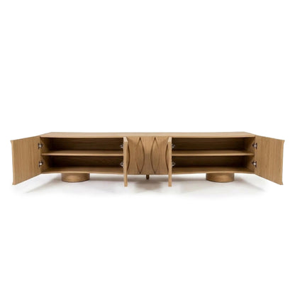 Wooden sideboard with open doors showing interior shelves on white background