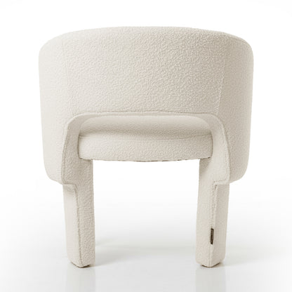 Avela Bouclé Fabric Curved Accent Armchair in Cream White, showcasing a sculptural design with a textured off-white fabric, curved backrest, and squared rear legs, ideal as a modern statement piece.
