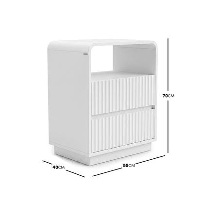 White nightstand shown on a white background with dimensions labeled 70 cm high, 55 cm wide, and 40 cm deep.