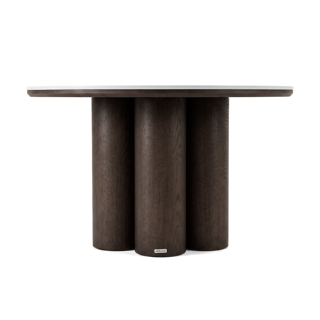 Round dark wood table with cylindrical base on a white background
