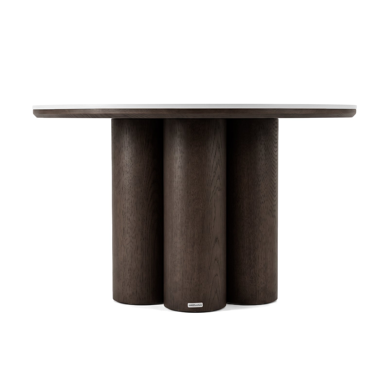 Round dark wood table with cylindrical base on a white background