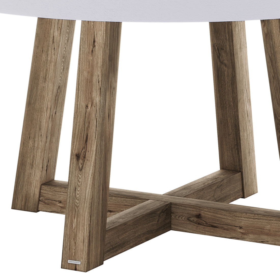 Close-up of the Magnus Hardwood and Concrete Outdoor Dining Table's base, showcasing its angled wooden legs with cross-supports beneath a padded seat, highlighting its sturdy design and craftsmanship.