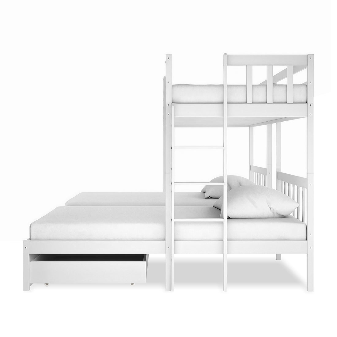 Aristos Triple Bunk Bed with Side Table in White features an L-shaped design with a central ladder, three sleeping areas, and a pull-out trundle/storage drawer, ideal for maximizing space efficiently.