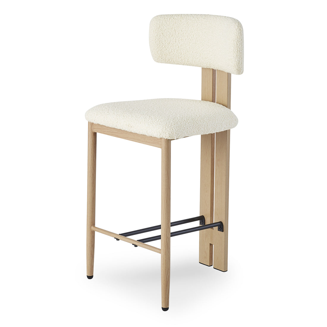 Haleo Curved Boucle Fabric Barstool Set of 2 in Cream White features a cream upholstered seat and backrest, light-finished wood-look metal legs, and a front metal footrest for support.