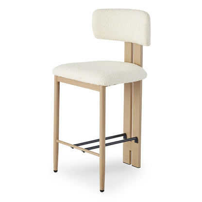 Haleo Curved Boucle Fabric Barstool Set of 2 in Cream White features a cream upholstered seat and backrest, light-finished wood-look metal legs, and a front metal footrest for support.