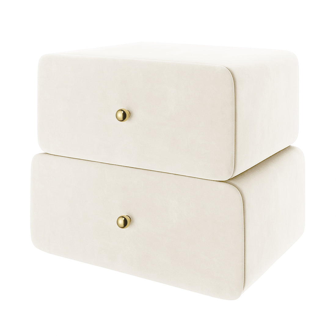Luxo Tyla Modern Velvet Bedside Table Beige features two stacked off-white drawers with rounded edges and brass knobs, showcasing minimalist design in a compact, plush velvet finish for stylish bedroom storage.