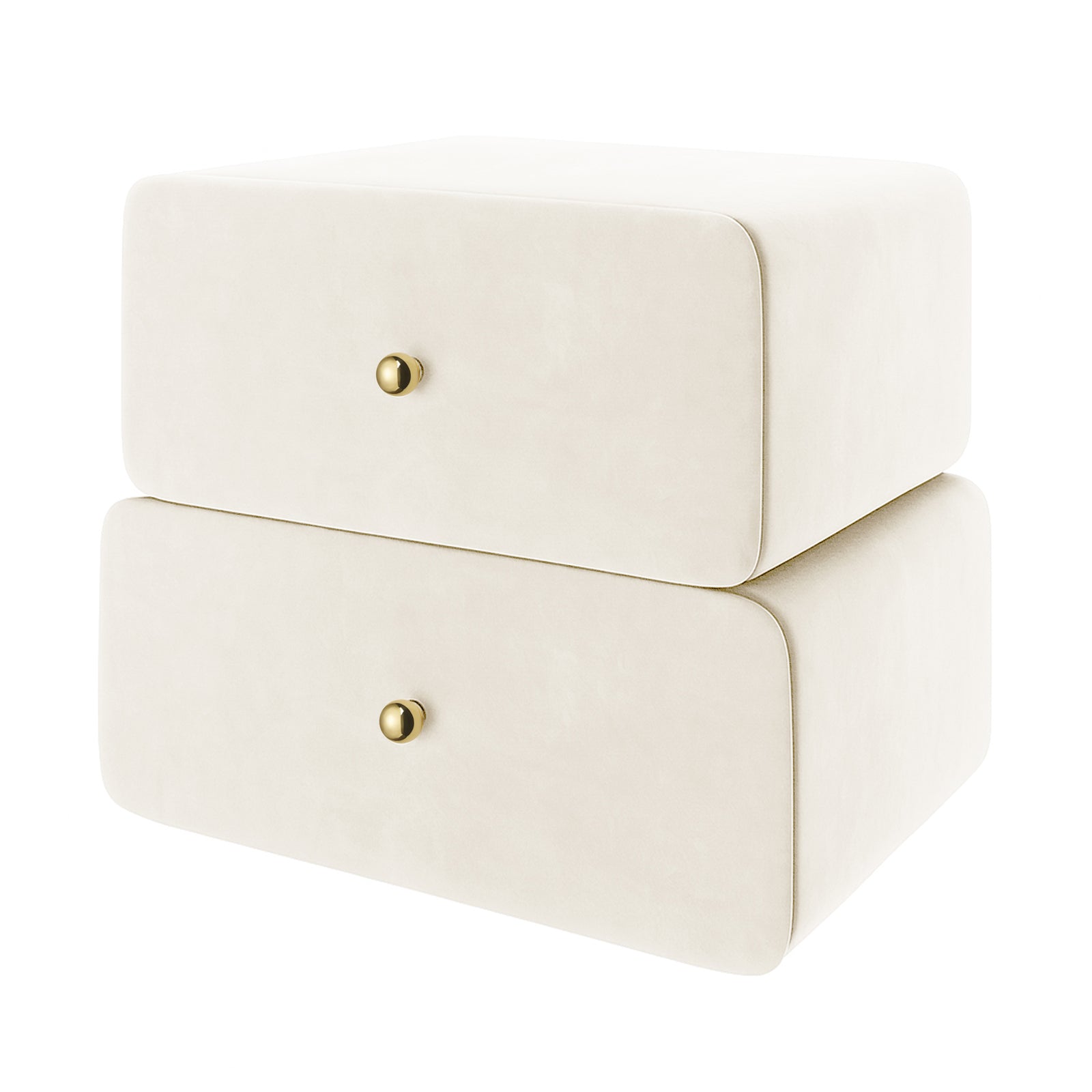 Luxo Tyla Modern Velvet Bedside Table Beige features two stacked off-white drawers with rounded edges and brass knobs, showcasing minimalist design in a compact, plush velvet finish for stylish bedroom storage.