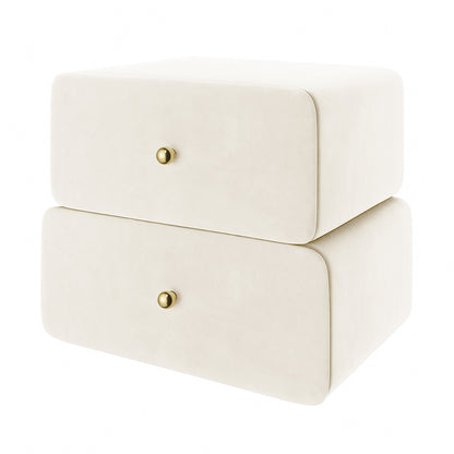 Luxo Tyla Modern Velvet Bedside Table Beige features two stacked off-white drawers with rounded edges and brass knobs, showcasing minimalist design in a compact, plush velvet finish for stylish bedroom storage.