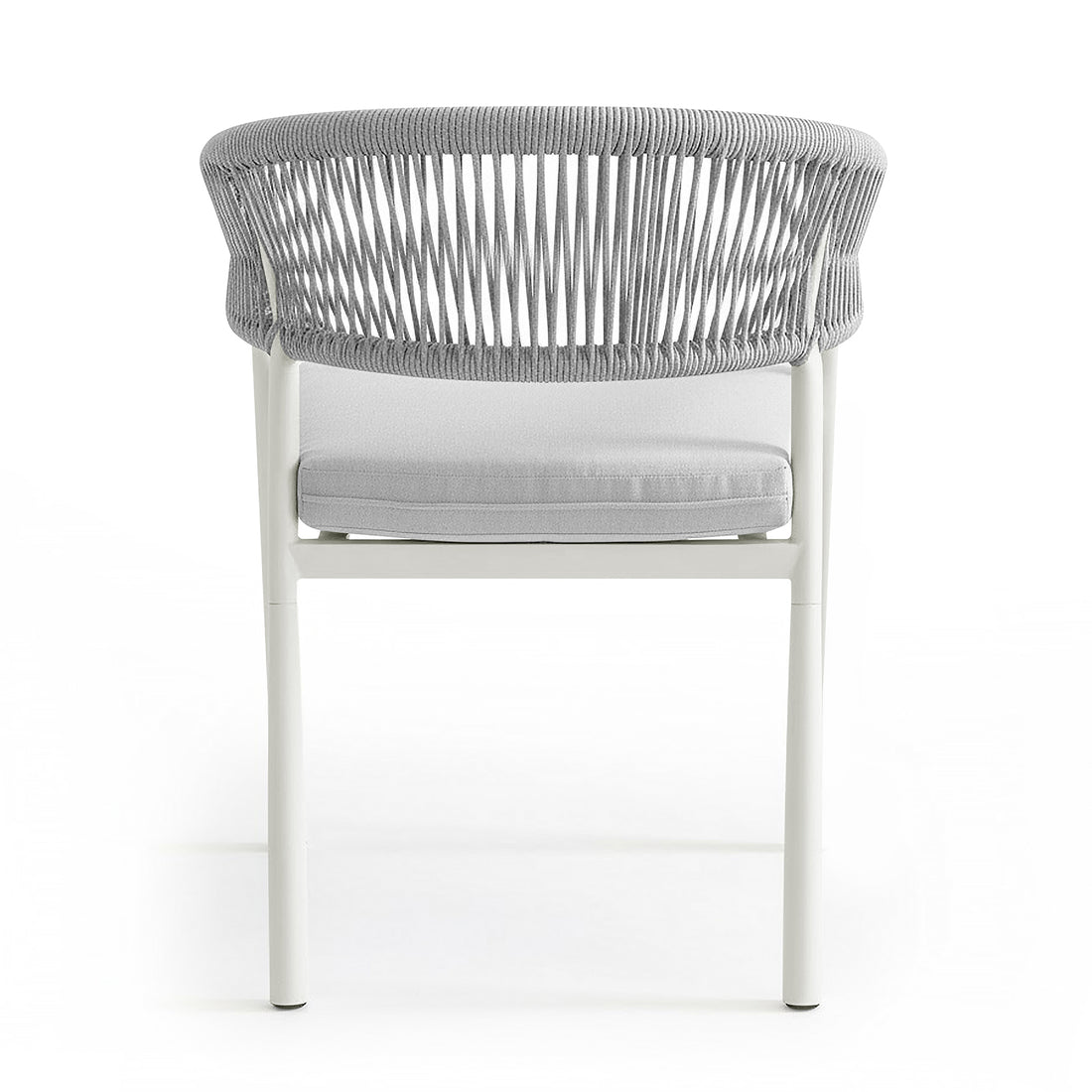Coastal Outdoor Rope Dining Chairs Set of 2 in White, showcasing a minimalist design with a slim metal frame, curved grey rope backrest, and grey cushion, ideal for stylish, comfortable outdoor dining.