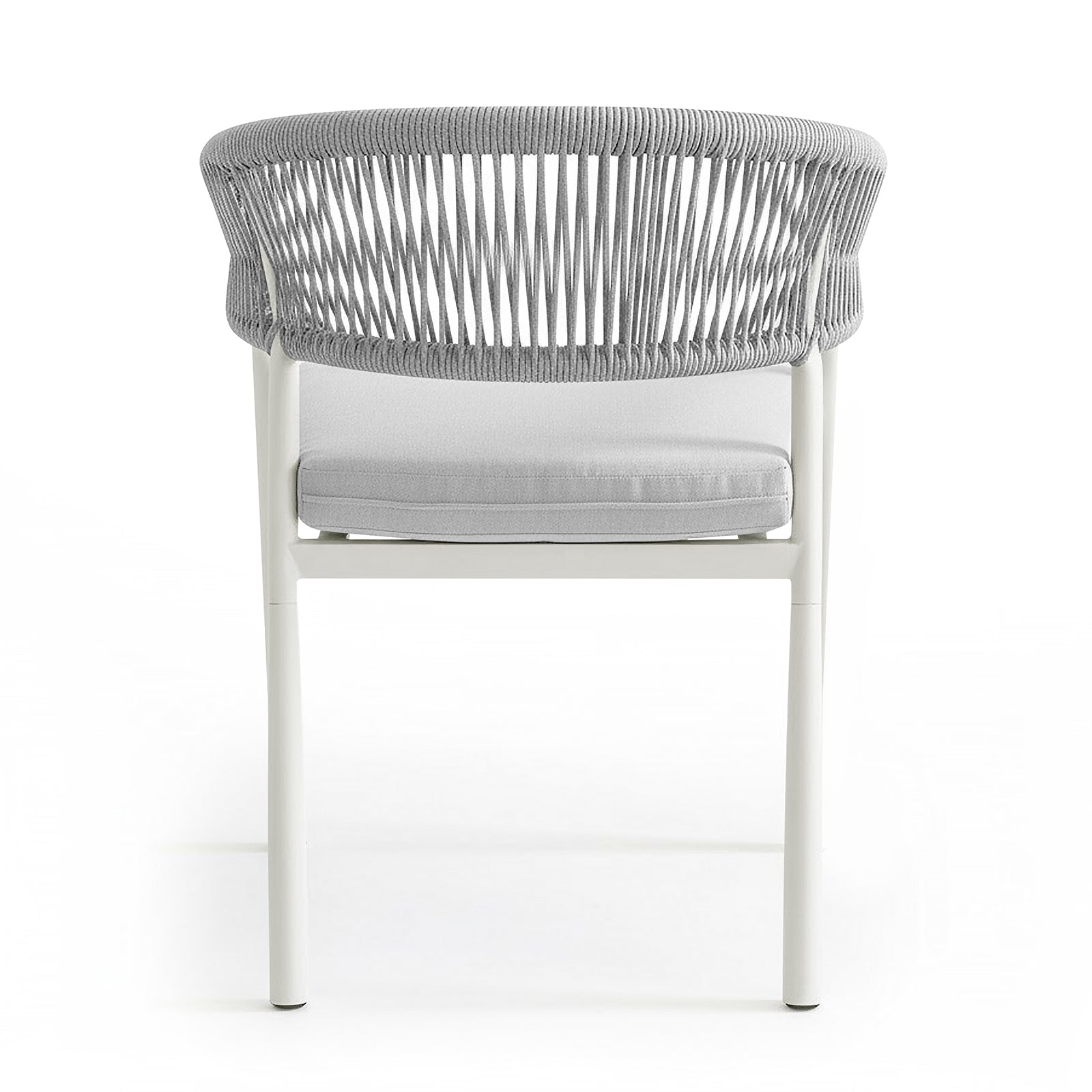 Coastal Outdoor Rope Dining Chairs Set of 2 in White, showcasing a minimalist design with a slim metal frame, curved grey rope backrest, and grey cushion, ideal for stylish, comfortable outdoor dining.