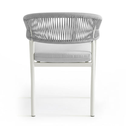Coastal Outdoor Rope Dining Chairs Set of 2 in White, showcasing a minimalist design with a slim metal frame, curved grey rope backrest, and grey cushion, ideal for stylish, comfortable outdoor dining.