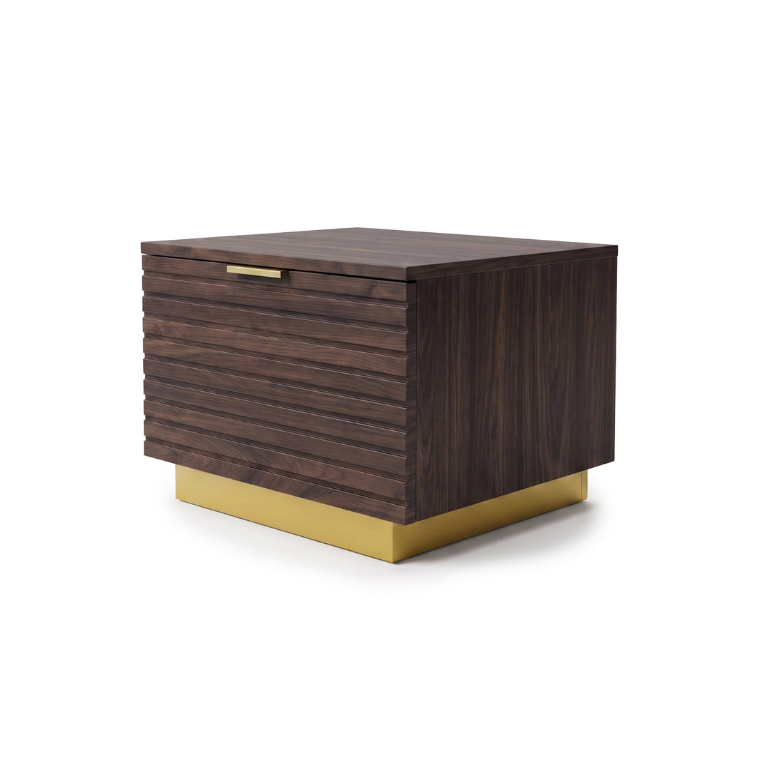 Dark wood nightstand with gold base on a white background