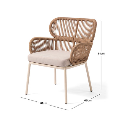 Modern woven armchair with dimensions shown on a white background