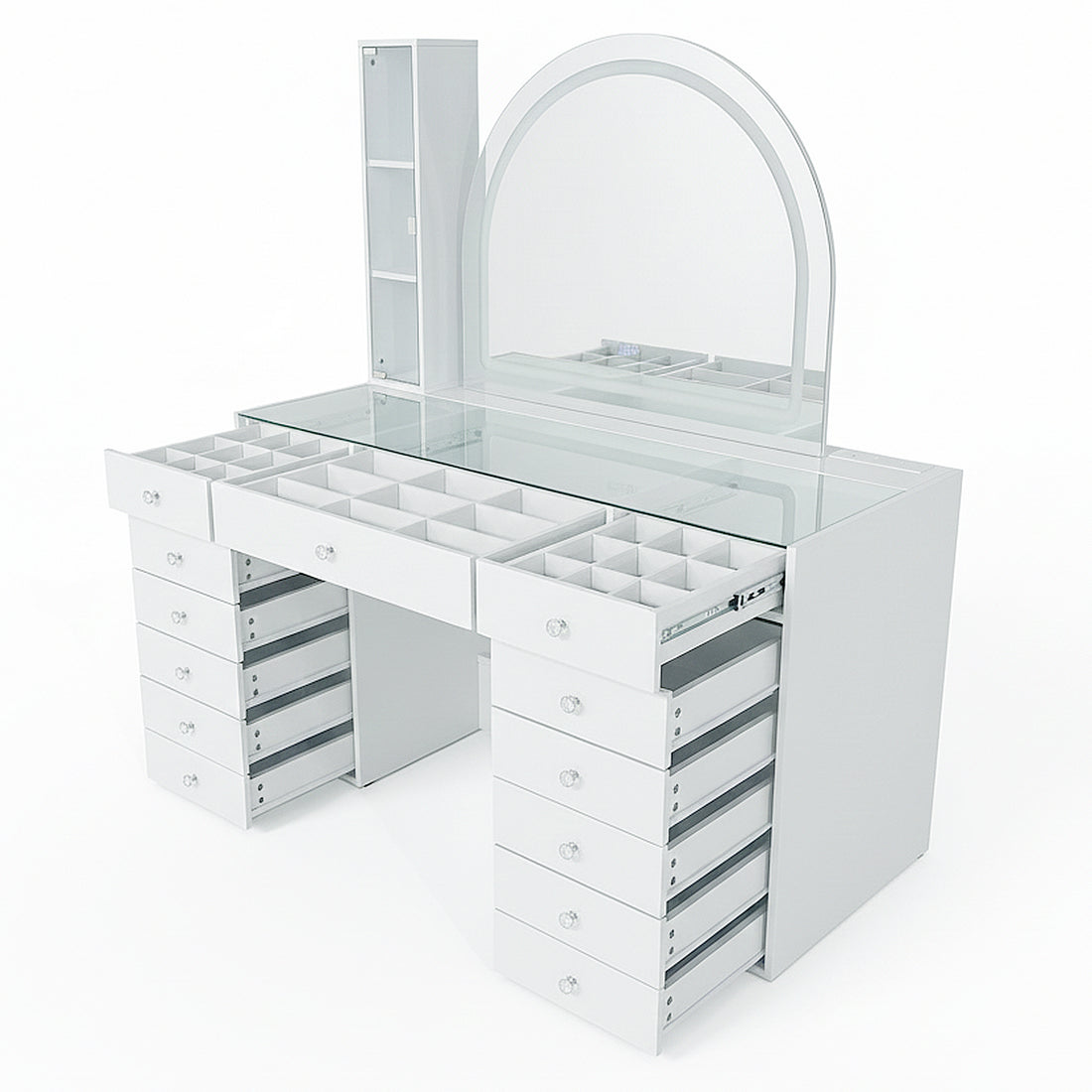 White vanity table with glass top and mirror on white background