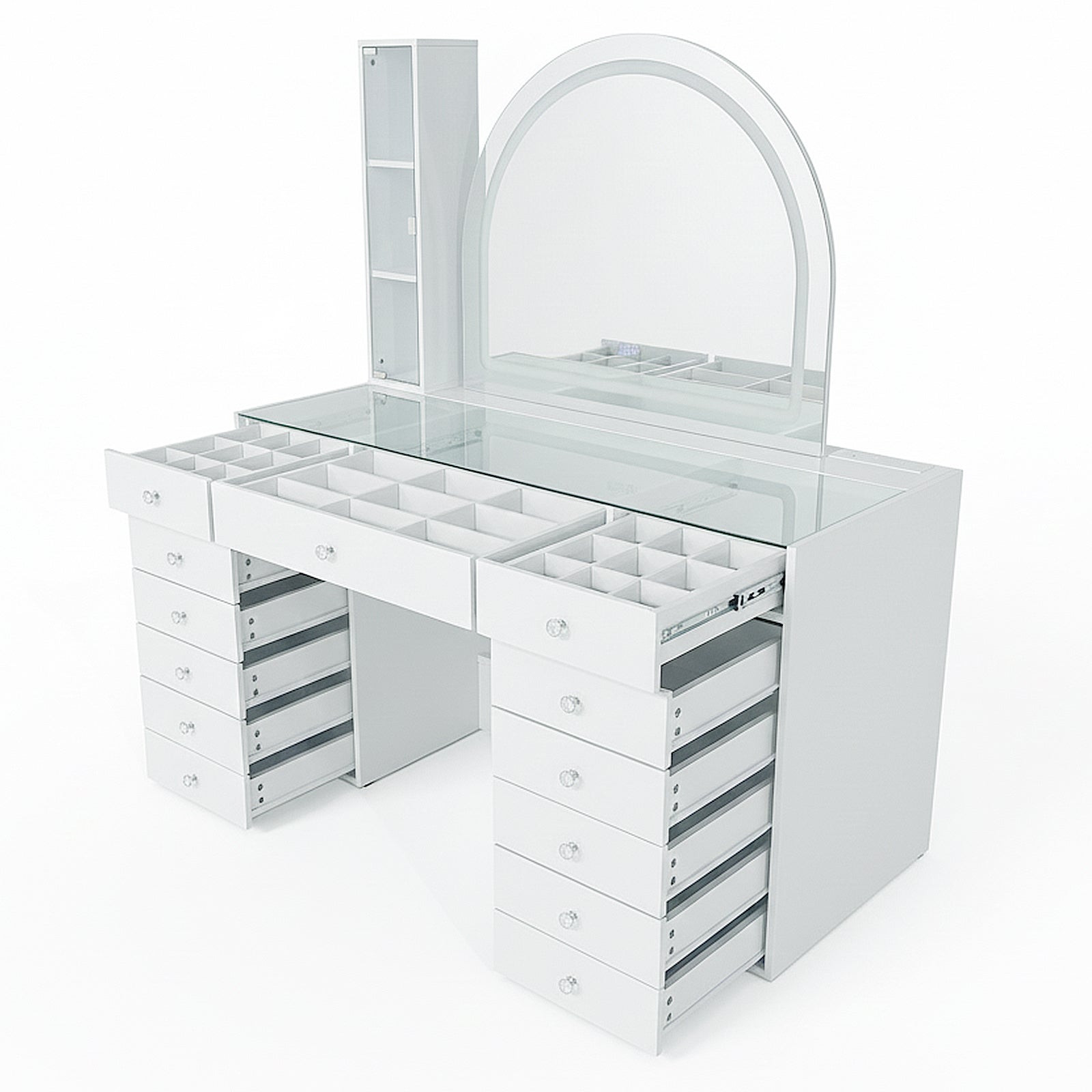 White vanity table with glass top and mirror on white background