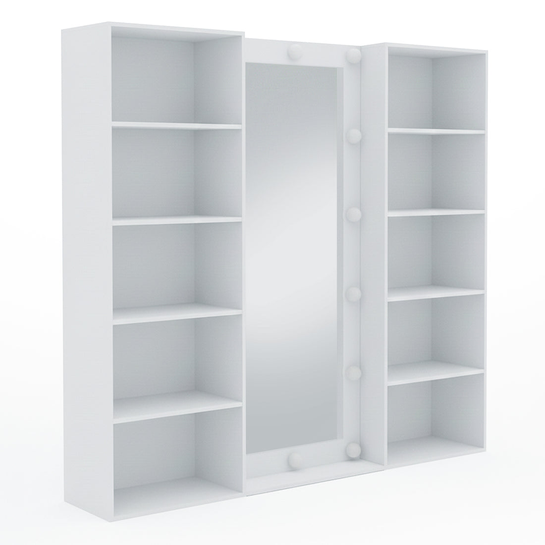 Vanity unit with lit mirror and shelves on white background