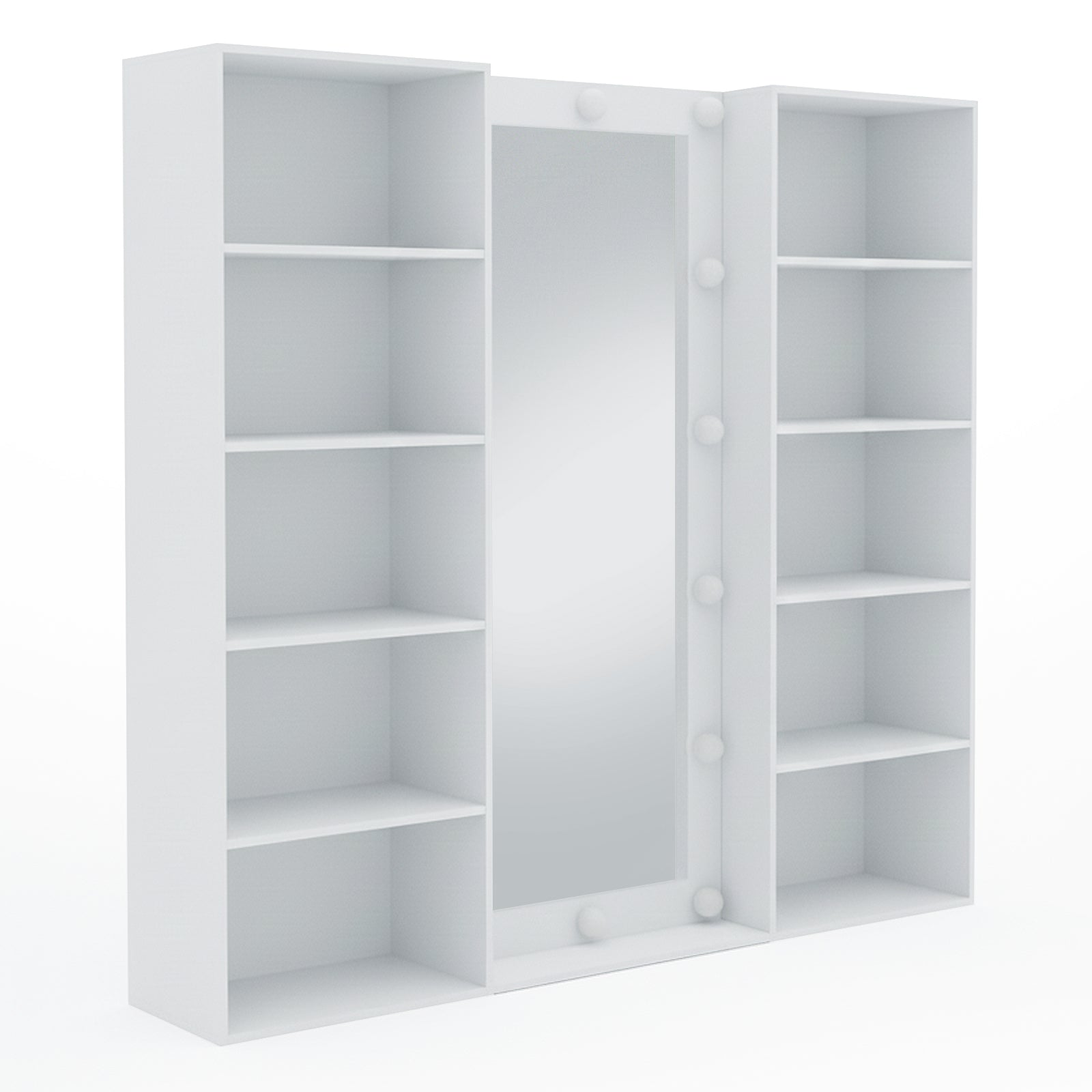 Vanity unit with lit mirror and shelves on white background