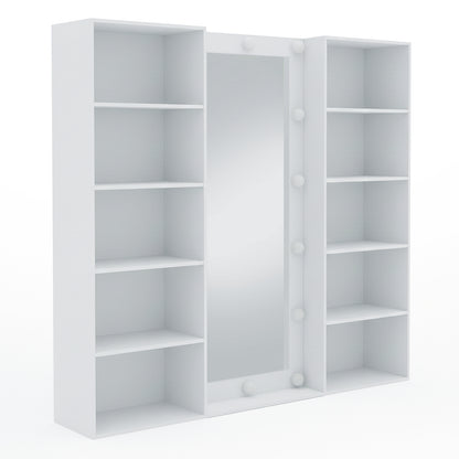 Vanity unit with lit mirror and shelves on white background