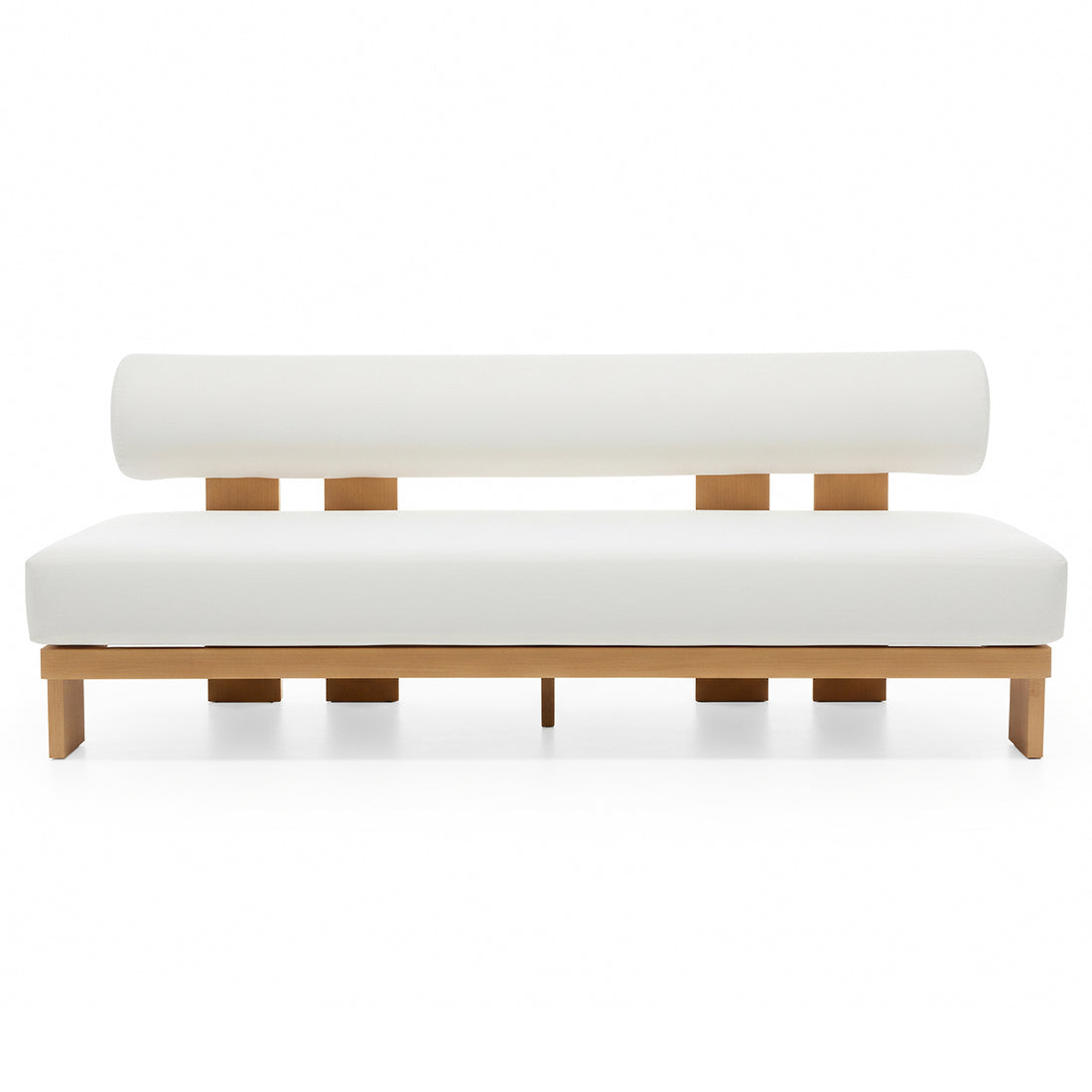 Modica 5 Seater Aluminium Outdoor Sofa Set in White featuring minimalist design with a low-profile light-wood frame, thick rectangular seat cushion, and cylindrical bolster backrest, emphasizing modern geometric simplicity.
