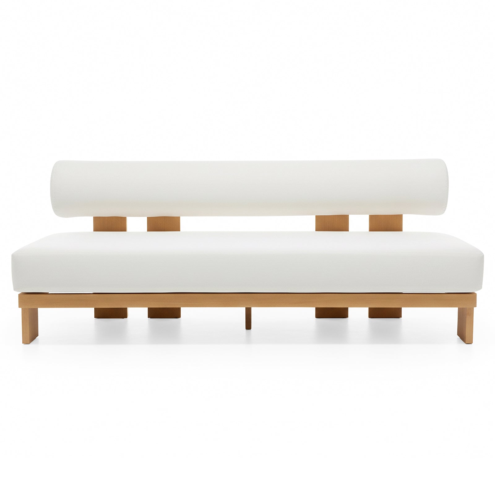 Modica 5 Seater Aluminium Outdoor Sofa Set in White featuring minimalist design with a low-profile light-wood frame, thick rectangular seat cushion, and cylindrical bolster backrest, emphasizing modern geometric simplicity.