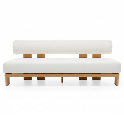 Modica 5 Seater Aluminium Outdoor Sofa Set in White featuring minimalist design with a low-profile light-wood frame, thick rectangular seat cushion, and cylindrical bolster backrest, emphasizing modern geometric simplicity.