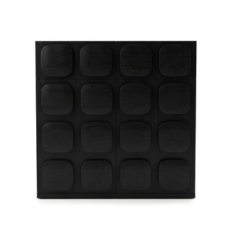 Front view of a black geometric cabinet on a white background