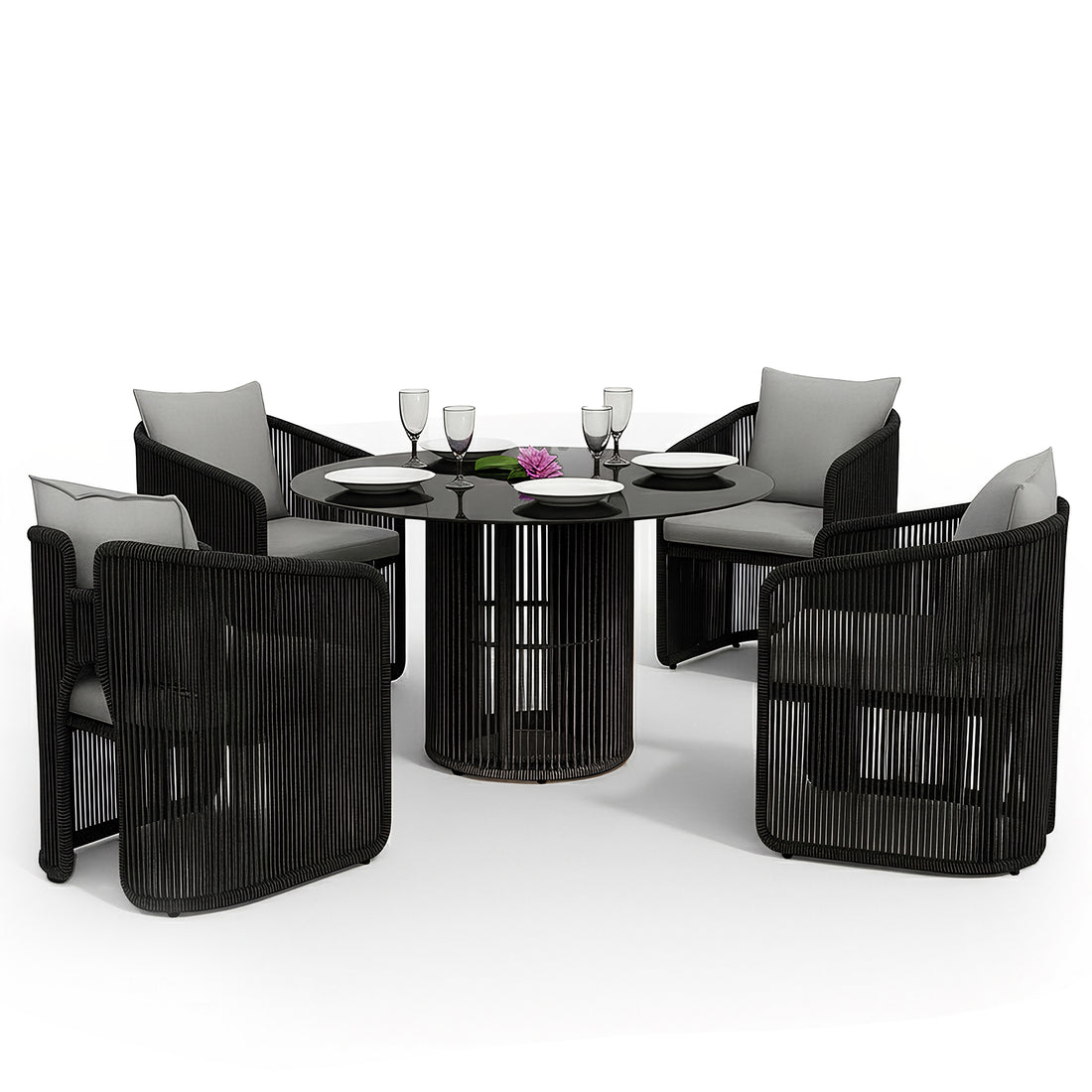Vellora 4 Seater Wicker Outdoor Dining Set in Black features a round table with a black top and slatted base, surrounded by four rope-style armchairs with light gray cushions.
