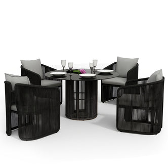 Vellora 4 Seater Wicker Outdoor Dining Set in Black features a round table with a black top and slatted base, surrounded by four rope-style armchairs with light gray cushions.