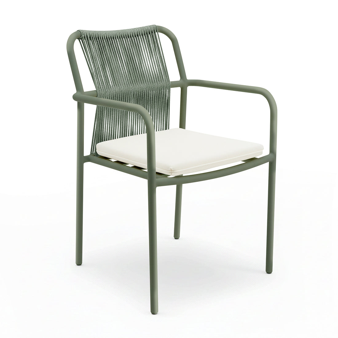 Evone 4 Seater Stone Outdoor Dining Table Set features an olive-green tubular-metal armchair with green cord backrest and white cushion, ideal for modern outdoor settings.