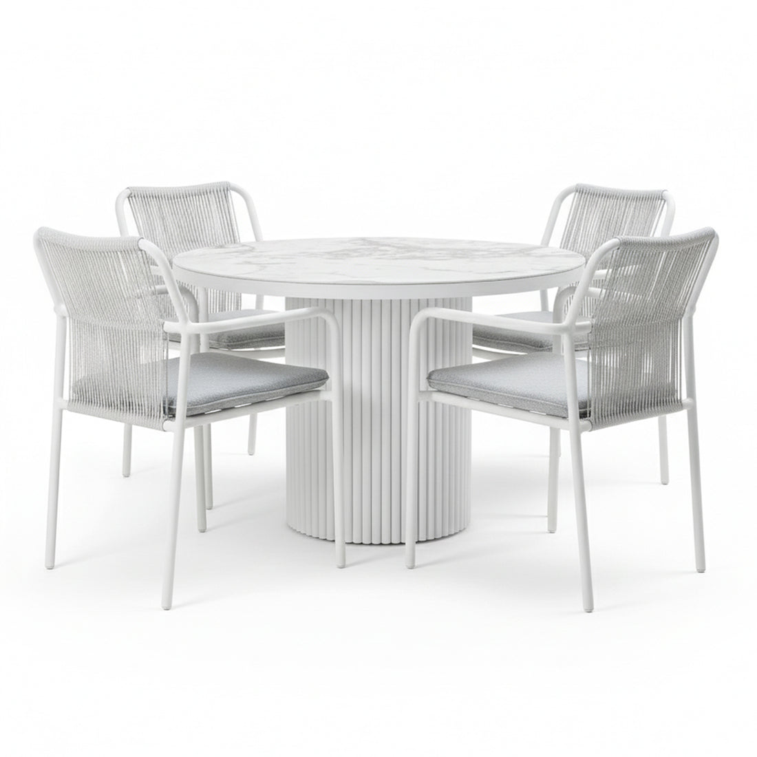 Evone 4 Seater Stone Outdoor Dining Table Set in Light Grey; round table with marble-patterned top, fluted pedestal base, surrounded by four chairs featuring woven backs and gray cushions.