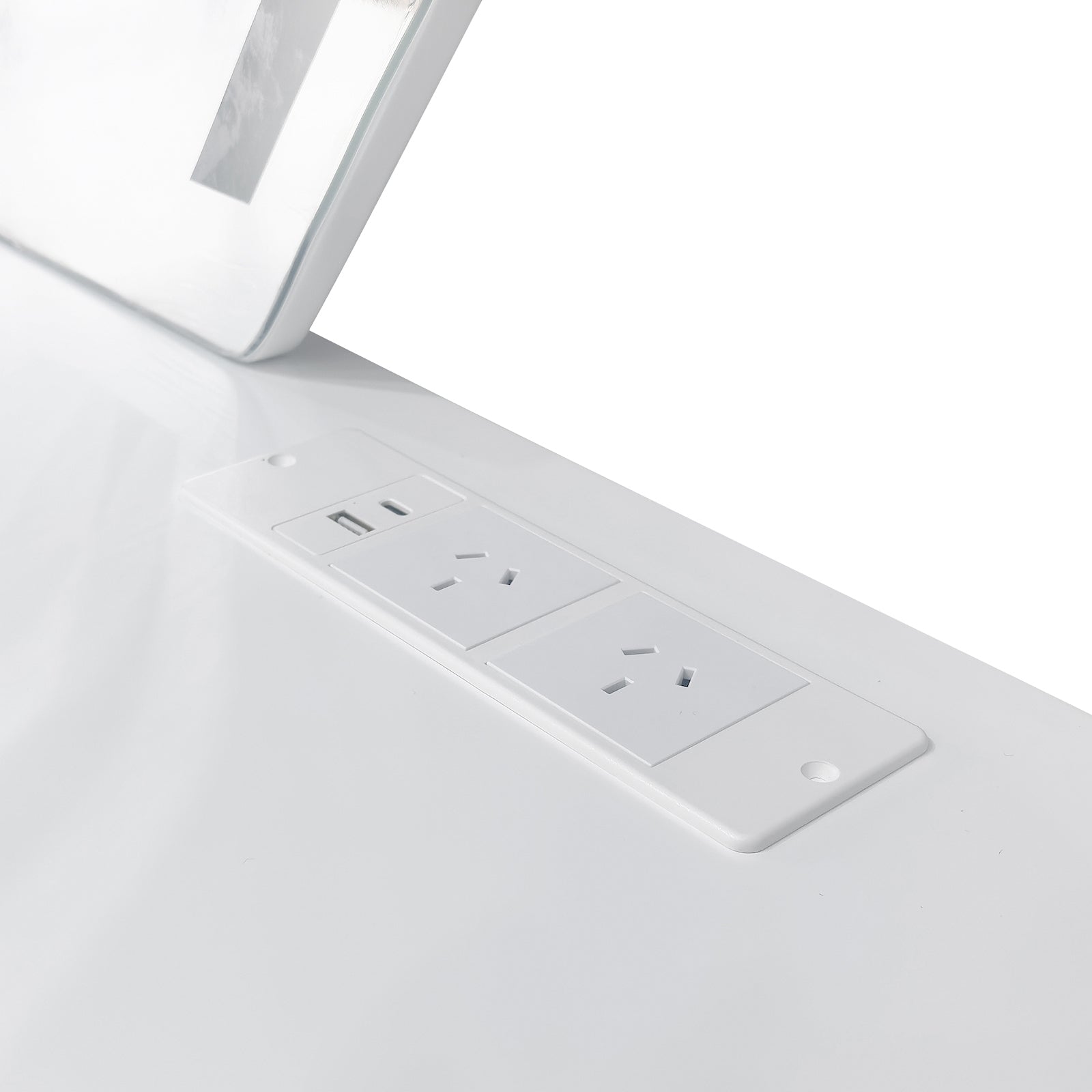 Eloura LED Mirror Dressing Table with Storage in White features a flush-mounted power module with two Australian sockets and dual USB ports, set into a sleek, modern desktop surface.