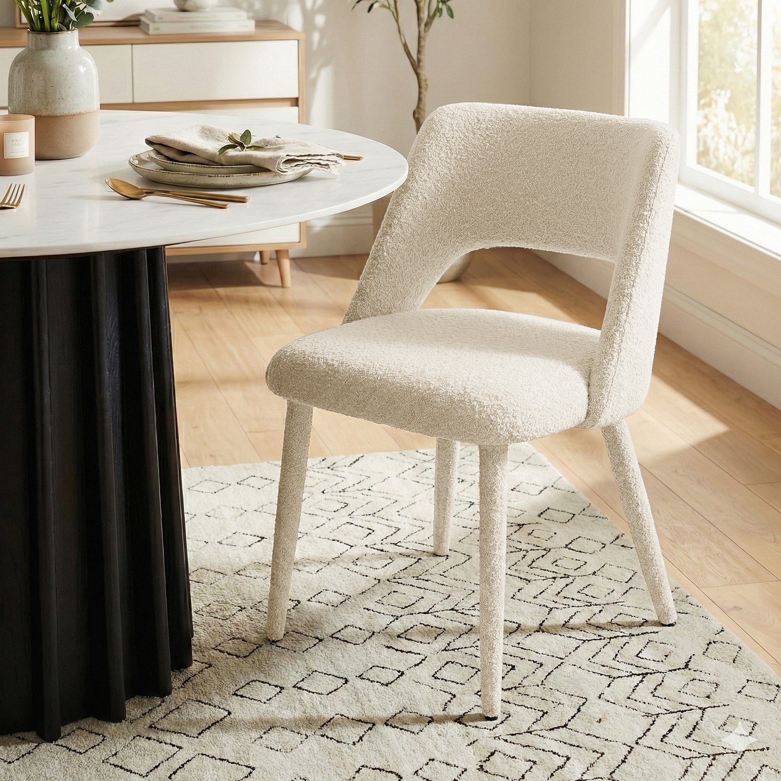 Cream upholstered chair next to round table in a bright dining room
