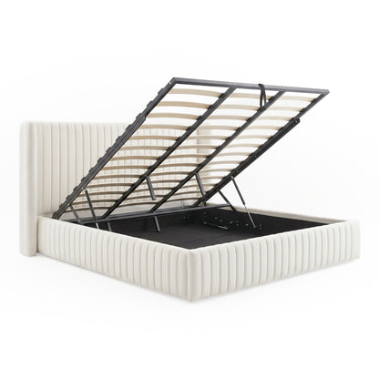 Cream upholstered storage bed frame with raised slatted platform