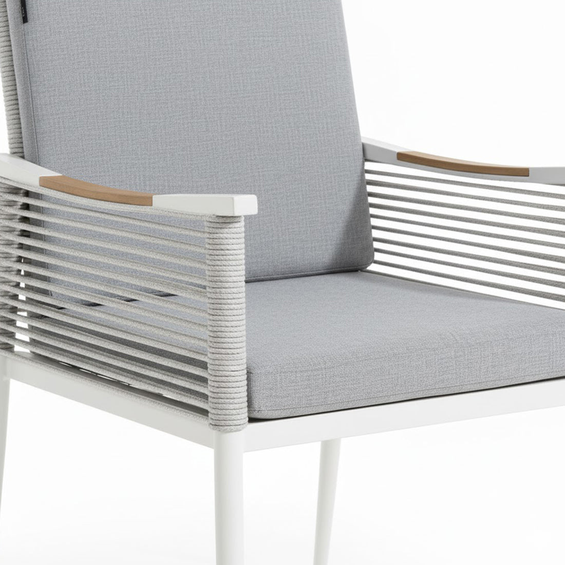 Casara 9 Piece Outdoor Dining Set in White and Grey featuring a modern armchair with a slim white metal frame, light grey cushions, and rope-wrapped sides, showcasing sleek, weather-ready design for alfresco dining.