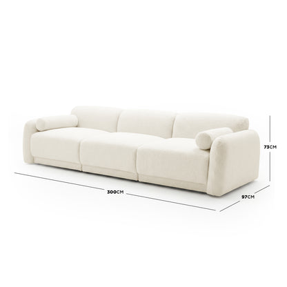 Off-white three-seater sofa with dimensions 300cm × 97cm × 73cm on white background