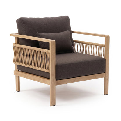 Modern wooden lounge chair with rope detailing and dark cushions on white background