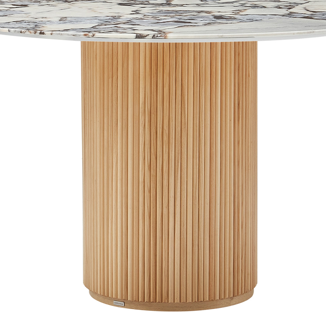 Gracie 120cm Round Marble Dining Table in Natural, featuring a white marble top with brown and gray veining, supported by a cylindrical base of vertical wooden slats, combining elegance and stability.