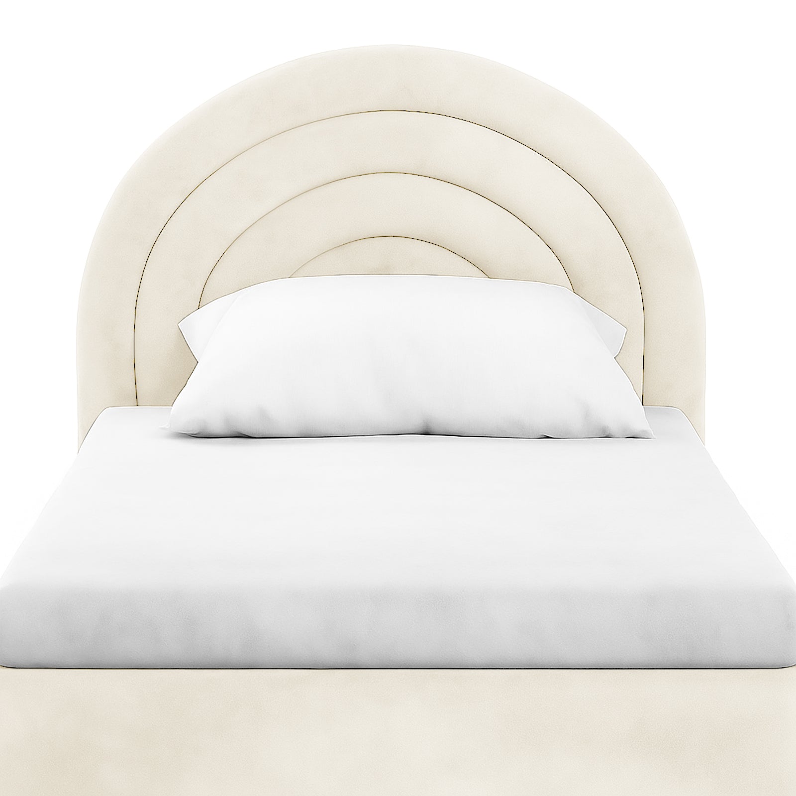 Estilla Velvet Rainbow Bed in Beige features a cream-colored, semi-circular headboard with arch-shaped panels and white bedding, emphasizing its playful design and cozy velvet upholstery.